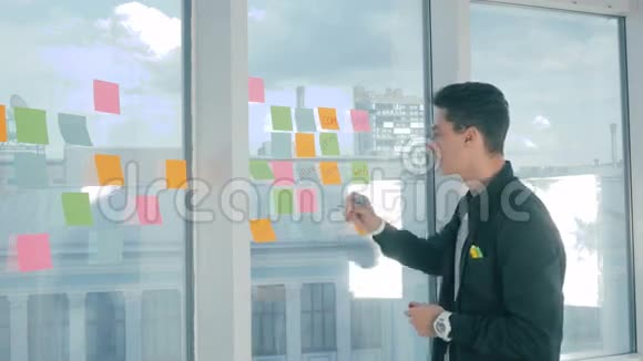 年轻的帅哥在现代办公室的全景窗口上写着粘稠的笔记头脑风暴命名视频的预览图