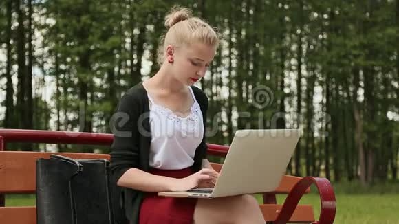 美丽的年轻女孩金发放在公园的长凳上在她的笔记本电脑上工作女孩用笔记本电脑打字视频的预览图
