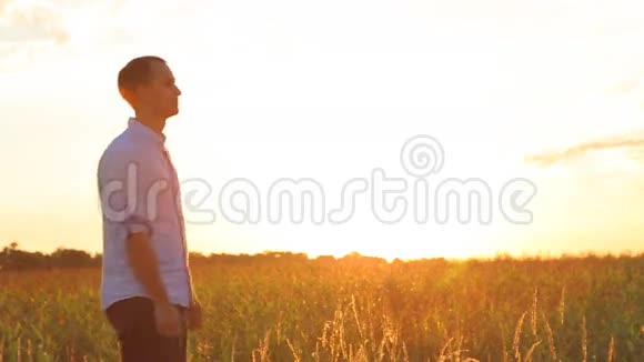 浪漫的年轻夫妇在夕阳下接吻太阳在背后闪耀视频的预览图