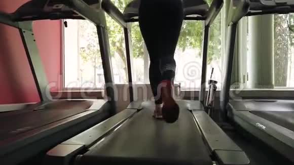 年轻女孩在运动健身房的跑步机上跑步视频的预览图