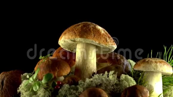 旋转篮子与鲍奇尼蘑菇布莱特蘑菇收集Cep食用蘑菇大型鲍奇尼蘑菇视频的预览图