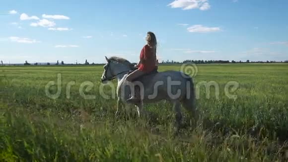 美丽的金发女郎穿着红色衬衫在乡下骑马视频的预览图