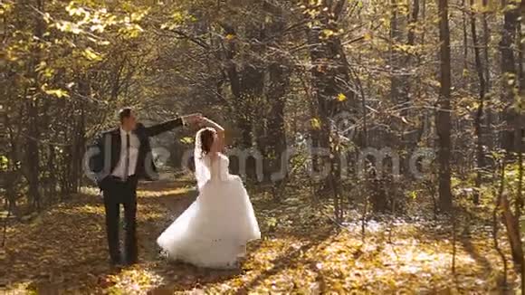 婚礼新娘和新郎漫步在秋天的森林里快乐的时刻视频的预览图