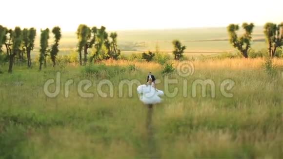 漂亮的已婚夫妇跑在田野里玩得开心笑着金发新娘在回头看视频的预览图