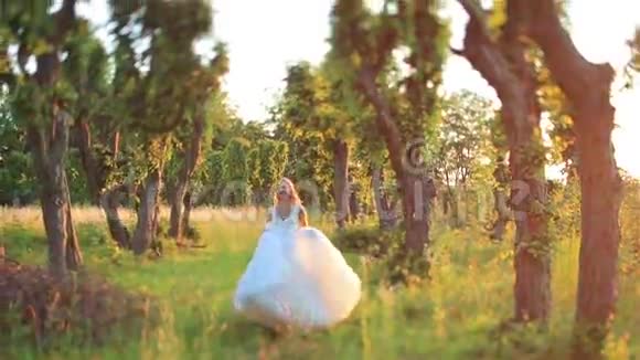 美丽的金发新娘在阳光照耀下的绿色春天森林里奔跑后台帅哥新郎视频的预览图