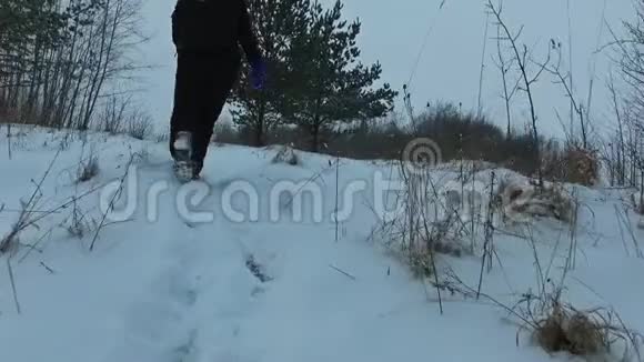 一位年轻女子在降雪时行走的慢速后视斯坦迪卡姆视频的预览图