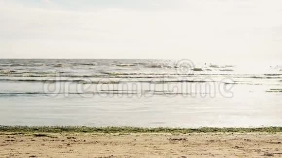年轻人在镜头前的沙滩上做杂技表演波浪海洋夏日视频的预览图
