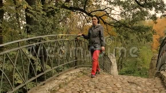 一个女人走在公园里穿过老桥阳光明媚的秋日视频的预览图