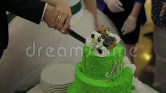 新娘和新郎在婚礼接待处切婚礼蛋糕切一个结婚蛋糕美丽的绿色节日蛋糕视频的预览图