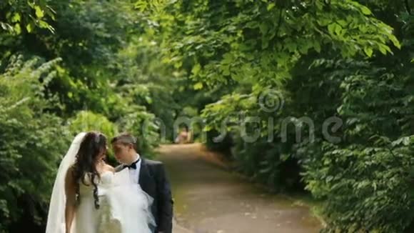美丽的新娘和优雅的新郎在阳光明媚的夏日公园散步那里满是绿叶视频的预览图