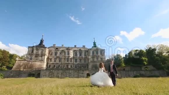 可爱的新郎和美丽的新娘走在老城堡附近的绿色草坪上壮丽的蓝天有小云视频的预览图