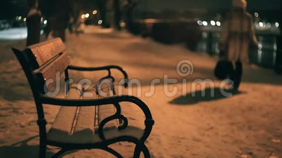 在冬天的夜晚在海滨的长椅上与人们在一起视频的预览图