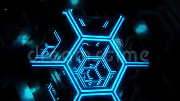 3D蓝色科幻霓虹六边形VJ环运动背景视频的预览图