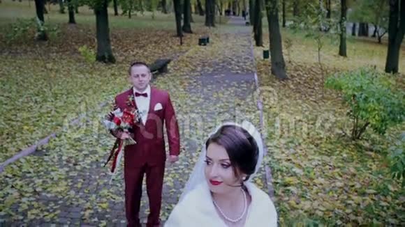 黄秋叶中的新郎新娘视频的预览图
