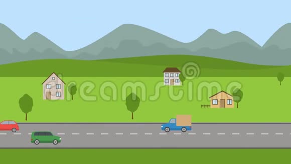 山谷里的路平面卡通全景环动画背景4K视频的预览图