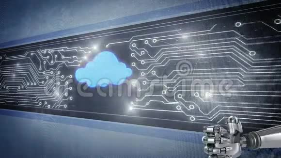 机器人的手在发光电路板和闪烁的云图标前竖起大拇指视频的预览图