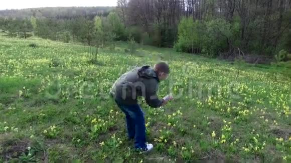 少年在森林的草坪上展示一个怪物这个男孩心情很好视频的预览图
