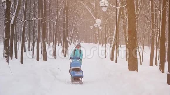 母亲在冬天的花园里散步雪天视频的预览图