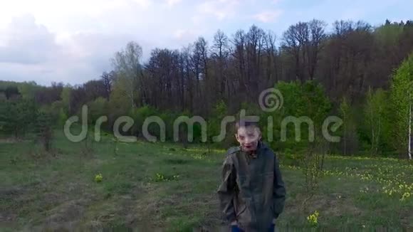 少年在森林的草坪上展示一个怪物这个男孩心情很好视频的预览图