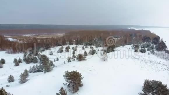 雪中一条冰冻河流的空中俯视图空中冬季景观直升机射击视频的预览图