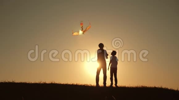 一个幸福的家庭一家人在夏天的夕阳下发射风筝飞向天空视频的预览图