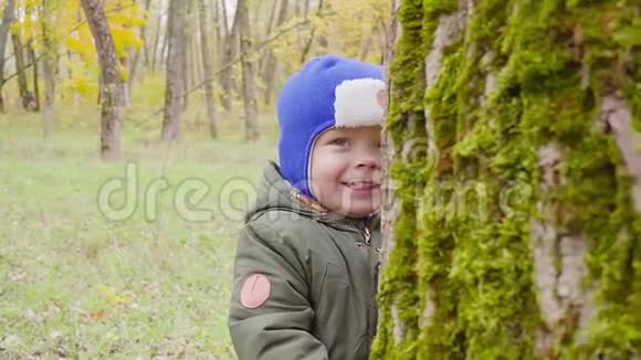 一个男孩在秋天公园玩耍并微笑的肖像视频的预览图