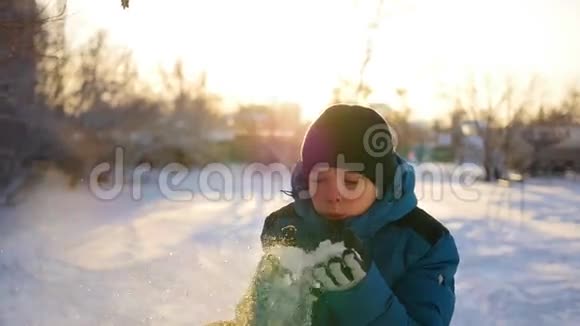 男孩用双手在慢镜头中特写来吹雪视频的预览图