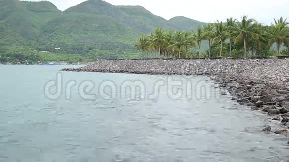 岩石海岸有棕榈树在海边拍打视频的预览图