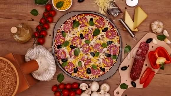 将美味的披萨放在圆锅里桌上放着新鲜的食材视频的预览图