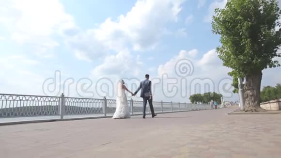 结婚舞会新婚夫妇正在水边跳舞新娘和新郎在风景如画的蓝色湖泊附近跳舞视频的预览图