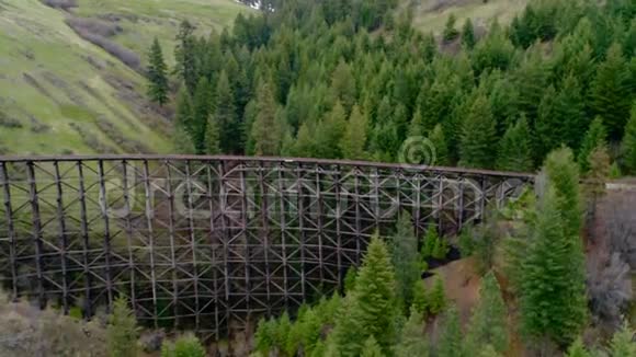 木制火车栈道穿过爱达荷州森林的峡谷视频的预览图