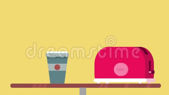 烤面包机咖啡和三明治出现在桌子上烤面包从烤面包机跳出来翻过来祝酒词是视频的预览图