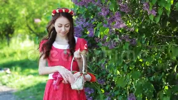 美丽的女人穿着红色的连衣裙戴着花环背着一个带郁金香的篮子视频的预览图