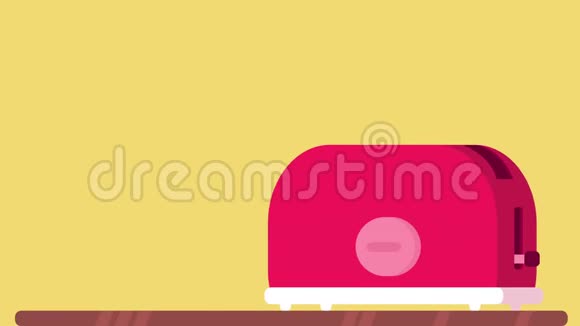 烤面包机出现在木桌上烤面包片从烤面包机里跳出来翻过来烤面包机是粉红色的视频的预览图