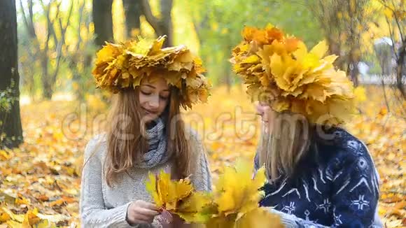 两个美丽的女孩收集树叶并交谈视频的预览图