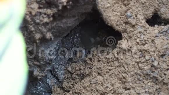 水滴在泥坑里工人戴着安全帽站在旁边慢动作视频的预览图