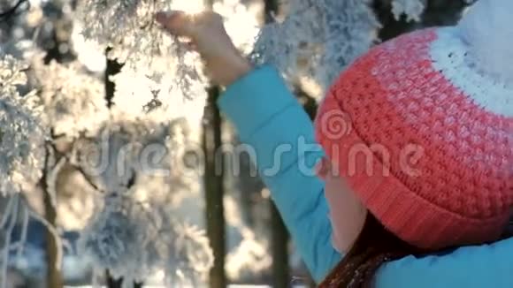 日落时分在冬日森林中享受的女人视频的预览图