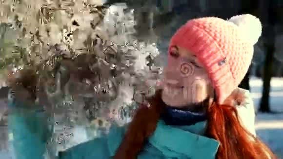 日落时分在冬日森林中享受的女人视频的预览图