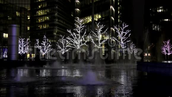 伦敦之夜有花环的树木背景上的喷泉视频的预览图