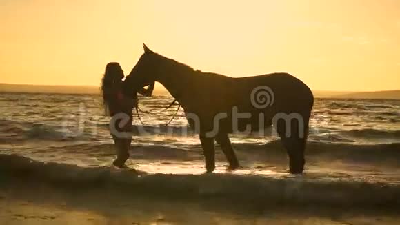 一位美丽的金发女郎站在湖边的一匹马旁边视频的预览图