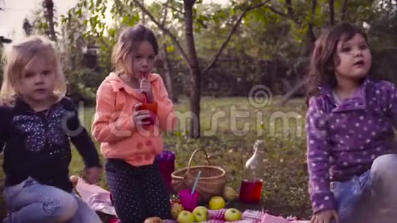 在花园里野餐一个坐在草地上喝酒的女孩视频的预览图