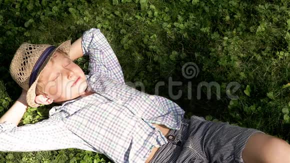 在绿树下放松的男孩在树叶中捕捉温暖的阳光视频的预览图