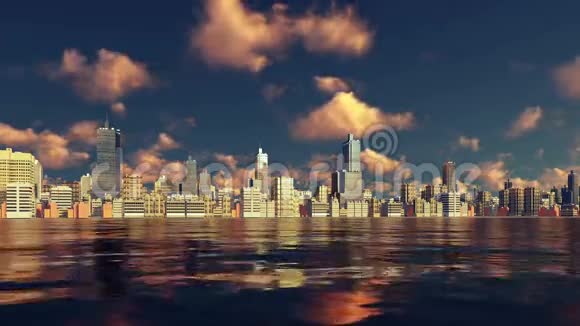 日落4K时从水中观看现代大城市视频的预览图