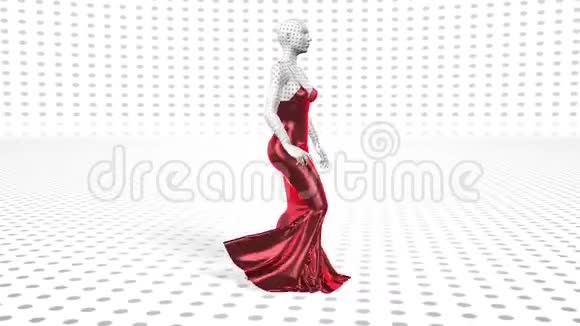 穿红色连衣裙的人工穿孔女性机器人正在行走人工智能未来的时尚视频的预览图