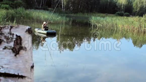渔夫乘一艘充气船在河上漂浮摄像机从桦树上看出来野外活动视频的预览图