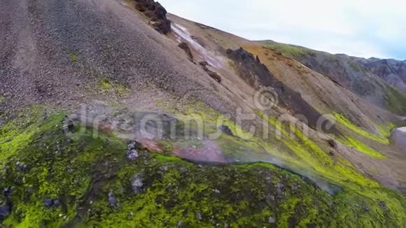 冰岛火山地貌上的硫田和蒸汽视频的预览图