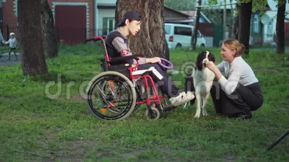 妈妈带着狗和儿子坐轮椅走路视频的预览图