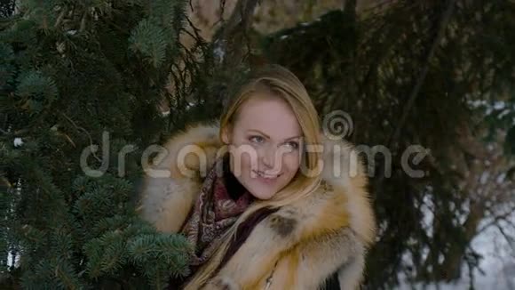 美丽的年轻模特参加冬天在树林里的照片拍摄她微笑地看着相机视频的预览图