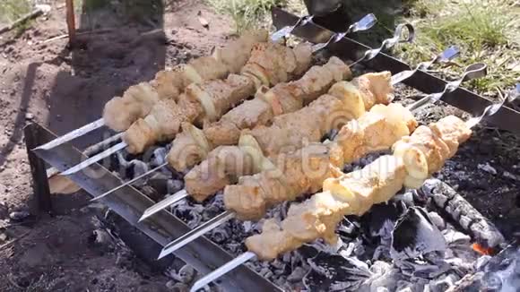 在烤串上煮烤串在曼格尔烤肉用热炭煮羊肉传统的野餐烧烤视频的预览图