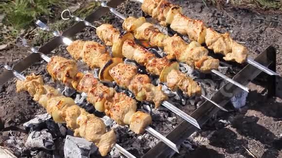 在烤串上煮烤串在曼格尔烤肉用热炭煮羊肉传统的野餐烧烤视频的预览图